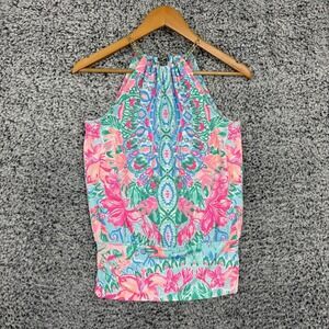 Lilly Pulitzer Halter Top Womens XXS Pink Green Floral Chain Neck Keyhole Print